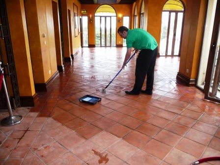 Terracotta Restaurant halfway through sealing with Tile Doctor Seal & Go